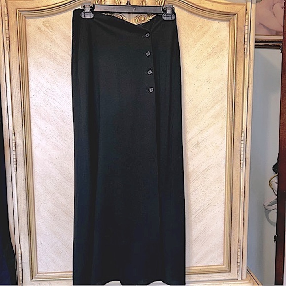 Vintage DKNY Donna Karan New York Black Button Front Wool Long Skirt